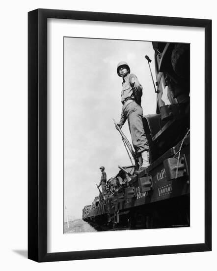 US Soldiers Standing Guard on a Troop Train-Myron Davis-Framed Photographic Print