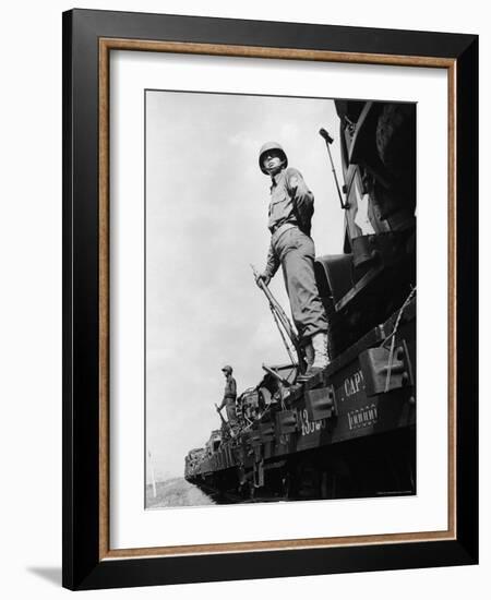 US Soldiers Standing Guard on a Troop Train-Myron Davis-Framed Photographic Print