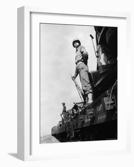 US Soldiers Standing Guard on a Troop Train-Myron Davis-Framed Photographic Print