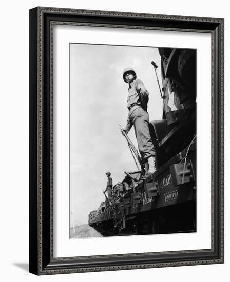 US Soldiers Standing Guard on a Troop Train-Myron Davis-Framed Photographic Print