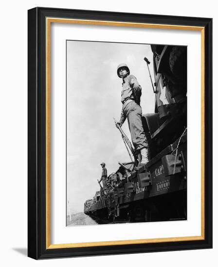 US Soldiers Standing Guard on a Troop Train-Myron Davis-Framed Photographic Print