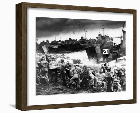 US Soldiers Unload Supplies from Coast Guard Manned Landing Craft Along Futatsune Beach-null-Framed Photographic Print