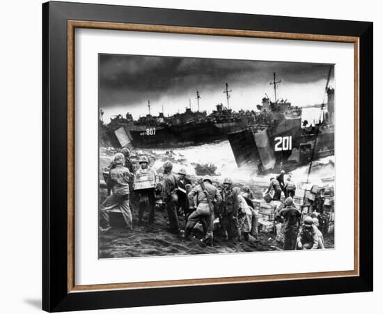 US Soldiers Unload Supplies from Coast Guard Manned Landing Craft Along Futatsune Beach-null-Framed Photographic Print