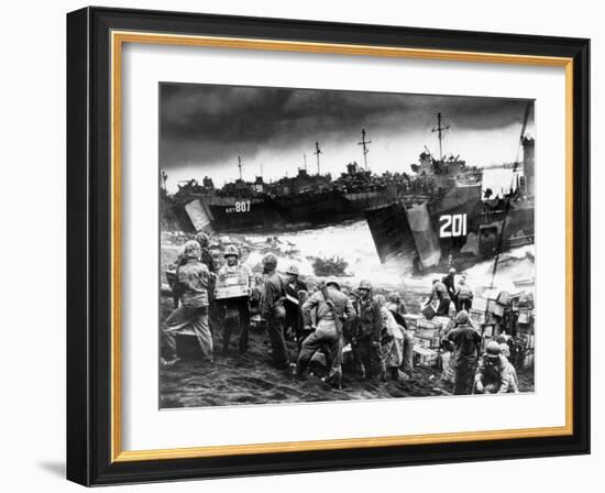 US Soldiers Unload Supplies from Coast Guard Manned Landing Craft Along Futatsune Beach-null-Framed Photographic Print