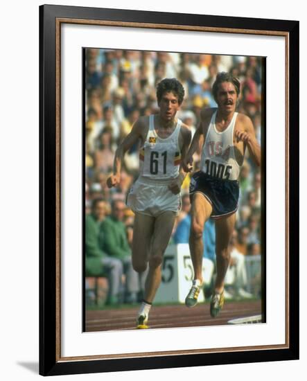 US Track Athlete Steve Prefontaine and Emiel Puttemans Running a Race at the Summer Olympics-null-Framed Premium Photographic Print