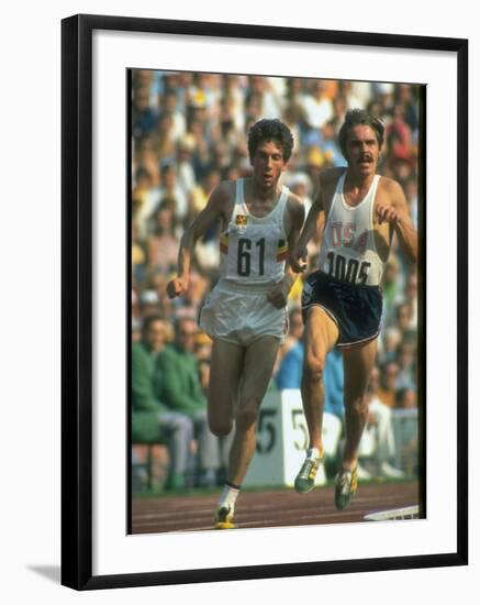 US Track Athlete Steve Prefontaine and Emiel Puttemans Running a Race at the Summer Olympics-null-Framed Premium Photographic Print