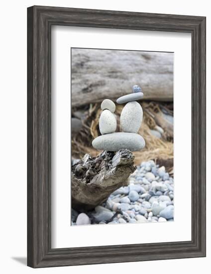 Us, Wa, Dungeness Spit. Rock Cairns on Driftwood-Trish Drury-Framed Photographic Print