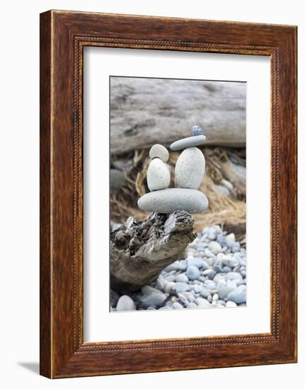 Us, Wa, Dungeness Spit. Rock Cairns on Driftwood-Trish Drury-Framed Photographic Print