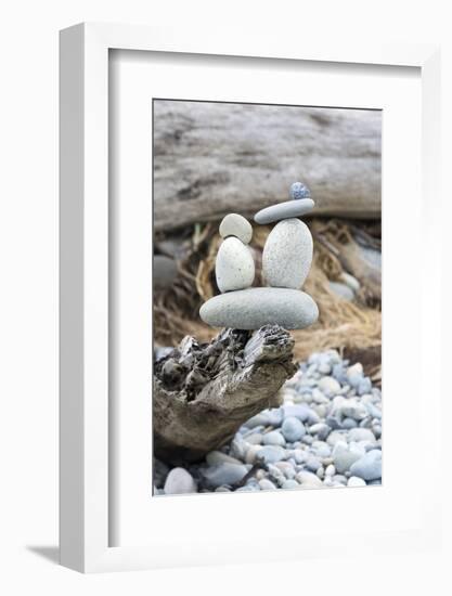 Us, Wa, Dungeness Spit. Rock Cairns on Driftwood-Trish Drury-Framed Photographic Print