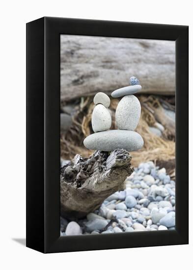 Us, Wa, Dungeness Spit. Rock Cairns on Driftwood-Trish Drury-Framed Premier Image Canvas