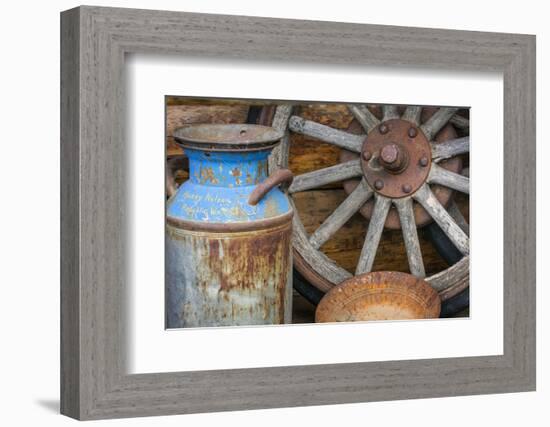 USA, Alaska. Antique milk can, wagon wheel and gold pan.-Jaynes Gallery-Framed Photographic Print