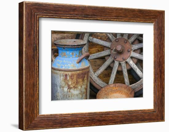 USA, Alaska. Antique milk can, wagon wheel and gold pan.-Jaynes Gallery-Framed Photographic Print