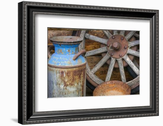 USA, Alaska. Antique milk can, wagon wheel and gold pan.-Jaynes Gallery-Framed Photographic Print