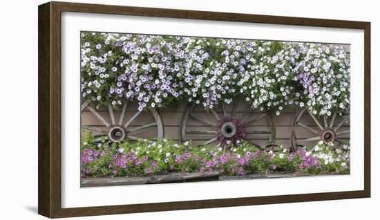 USA, Alaska, Chena Hot Springs. Flowers and wagon wheels.-Jaynes Gallery-Framed Photographic Print