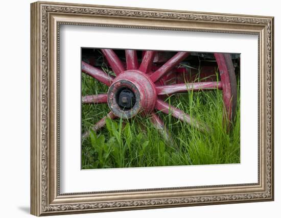 USA, Alaska, Chena Hot Springs. Vintage wagon wheel and grass.-Jaynes Gallery-Framed Photographic Print