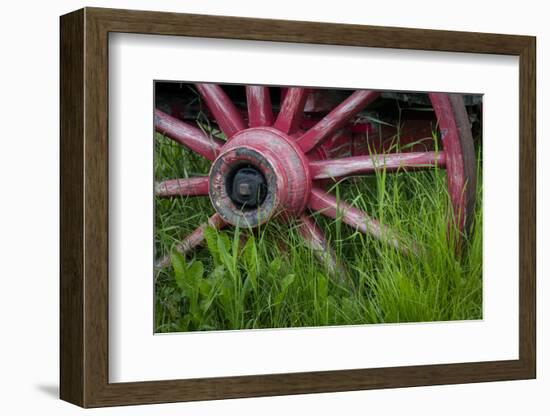 USA, Alaska, Chena Hot Springs. Vintage wagon wheel and grass.-Jaynes Gallery-Framed Photographic Print