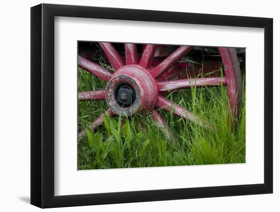 USA, Alaska, Chena Hot Springs. Vintage wagon wheel and grass.-Jaynes Gallery-Framed Photographic Print