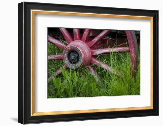 USA, Alaska, Chena Hot Springs. Vintage wagon wheel and grass.-Jaynes Gallery-Framed Photographic Print