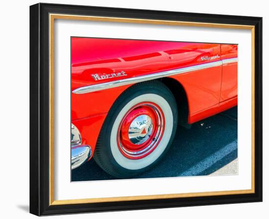 USA, Arizona, Buckeye. Close-up of a white wall tire on red classic car.-Jaynes Gallery-Framed Photographic Print