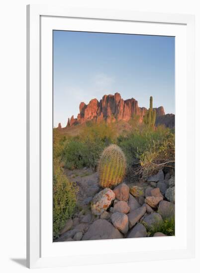 USA, Arizona, Lost Dutchman State Park. Barrel Cactus and Superstition Mountains-Kevin Oke-Framed Premium Photographic Print