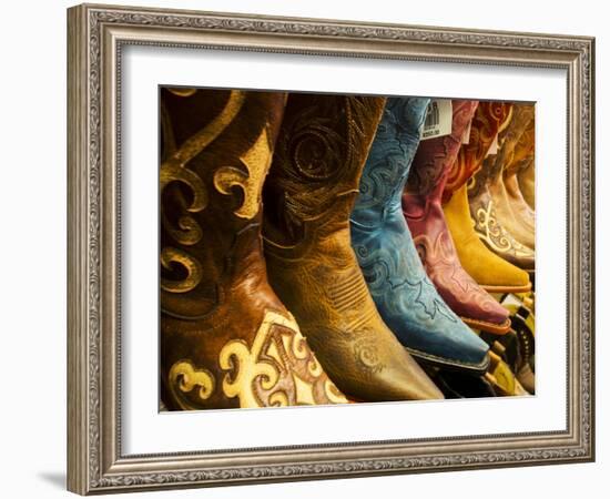 USA, Arizona, Old Scottsdale, Line Up of New Cowboy Boots-Terry Eggers-Framed Photographic Print