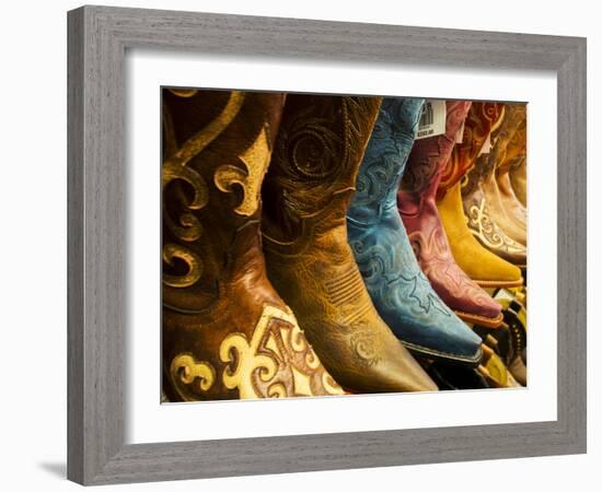 USA, Arizona, Old Scottsdale, Line Up of New Cowboy Boots-Terry Eggers-Framed Photographic Print