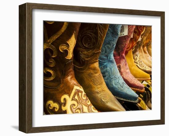 USA, Arizona, Old Scottsdale, Line Up of New Cowboy Boots-Terry Eggers-Framed Photographic Print