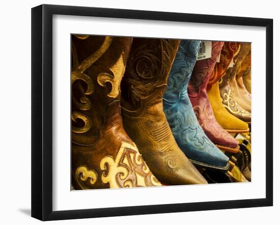 USA, Arizona, Old Scottsdale, Line Up of New Cowboy Boots-Terry Eggers-Framed Photographic Print