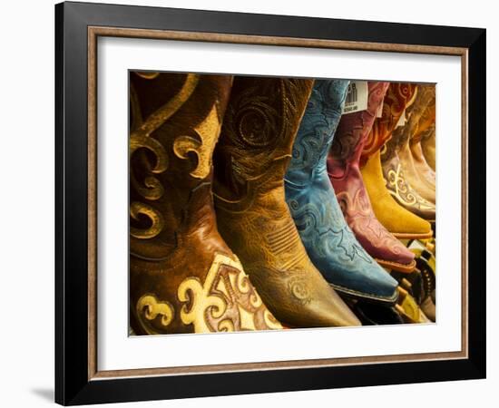 USA, Arizona, Old Scottsdale, Line Up of New Cowboy Boots-Terry Eggers-Framed Photographic Print