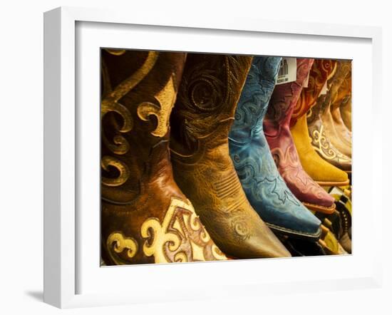 USA, Arizona, Old Scottsdale, Line Up of New Cowboy Boots-Terry Eggers-Framed Photographic Print