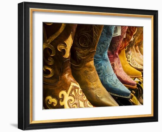 USA, Arizona, Old Scottsdale, Line Up of New Cowboy Boots-Terry Eggers-Framed Photographic Print