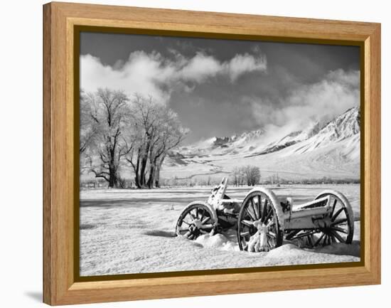 USA, California, Bishop. Snow-Covered Vintage Wagon in Owens Valley-Dennis Flaherty-Framed Premier Image Canvas