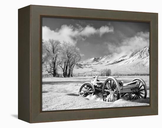 USA, California, Bishop. Snow-Covered Vintage Wagon in Owens Valley-Dennis Flaherty-Framed Premier Image Canvas