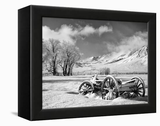 USA, California, Bishop. Snow-Covered Vintage Wagon in Owens Valley-Dennis Flaherty-Framed Premier Image Canvas