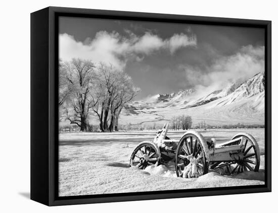 USA, California, Bishop. Snow-Covered Vintage Wagon in Owens Valley-Dennis Flaherty-Framed Premier Image Canvas