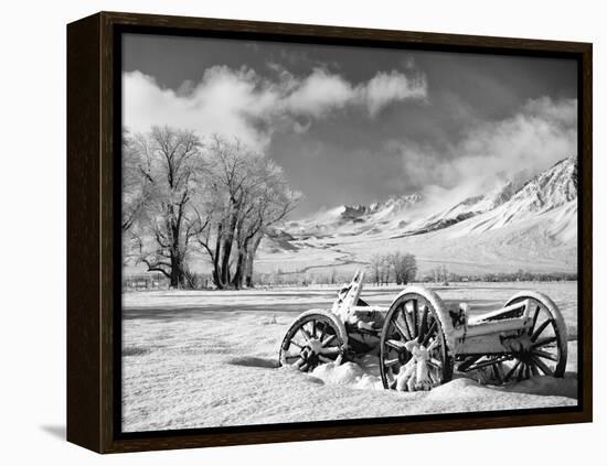 USA, California, Bishop. Snow-Covered Vintage Wagon in Owens Valley-Dennis Flaherty-Framed Premier Image Canvas