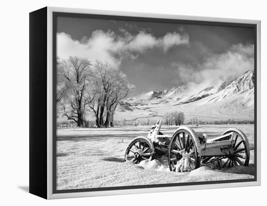 USA, California, Bishop. Snow-Covered Vintage Wagon in Owens Valley-Dennis Flaherty-Framed Premier Image Canvas