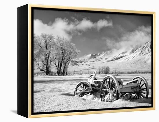 USA, California, Bishop. Snow-Covered Vintage Wagon in Owens Valley-Dennis Flaherty-Framed Premier Image Canvas