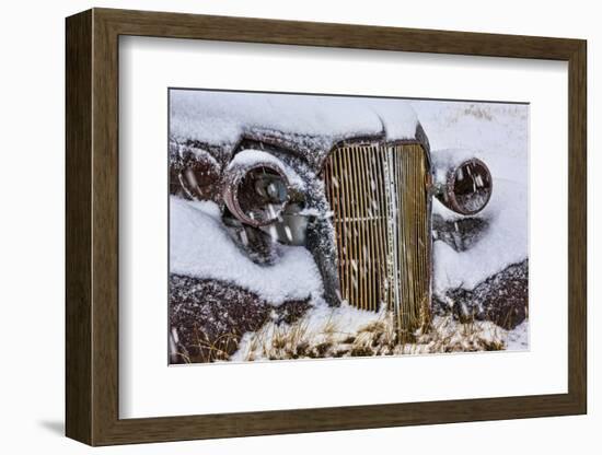 USA, California, Bodie. Close-up of Vintage Car Body in Snowfall-Don Paulson-Framed Photographic Print