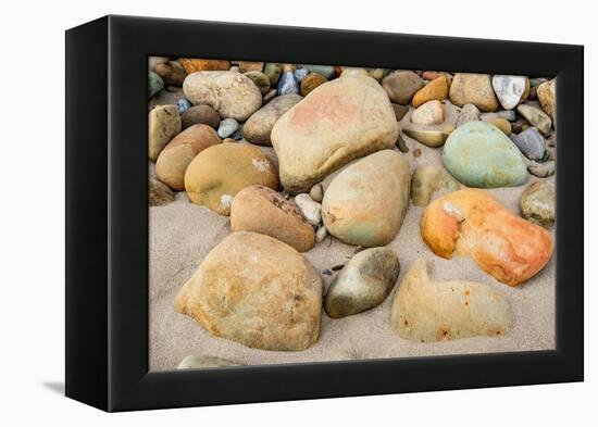 USA, California. Central Coast, Montecito, Butterfly Beach, drain and cobble eroded by King Tides-Alison Jones-Framed Premier Image Canvas