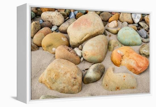 USA, California. Central Coast, Montecito, Butterfly Beach, drain and cobble eroded by King Tides-Alison Jones-Framed Premier Image Canvas