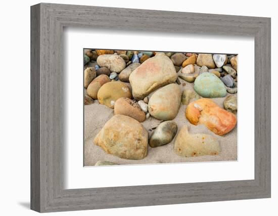 USA, California. Central Coast, Montecito, Butterfly Beach, drain and cobble eroded by King Tides-Alison Jones-Framed Photographic Print