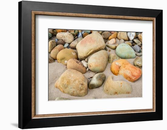 USA, California. Central Coast, Montecito, Butterfly Beach, drain and cobble eroded by King Tides-Alison Jones-Framed Photographic Print