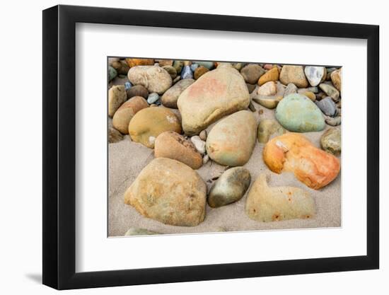 USA, California. Central Coast, Montecito, Butterfly Beach, drain and cobble eroded by King Tides-Alison Jones-Framed Photographic Print