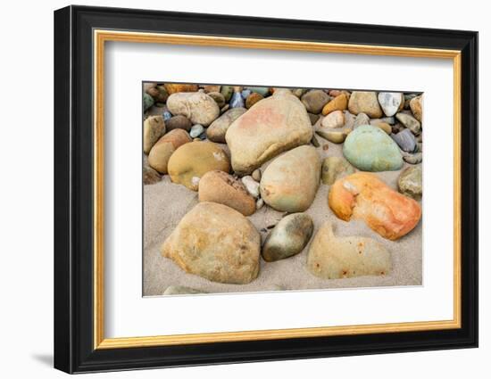 USA, California. Central Coast, Montecito, Butterfly Beach, drain and cobble eroded by King Tides-Alison Jones-Framed Photographic Print