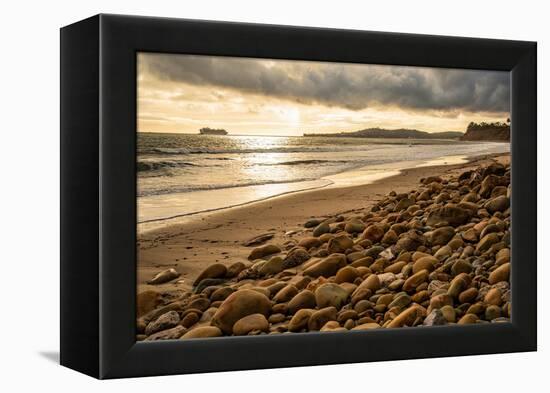 USA, California. Central Coast, Montecito, Butterfly Beach, drain and cobble eroded by King Tides-Alison Jones-Framed Premier Image Canvas