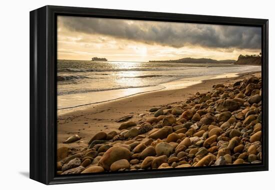 USA, California. Central Coast, Montecito, Butterfly Beach, drain and cobble eroded by King Tides-Alison Jones-Framed Premier Image Canvas