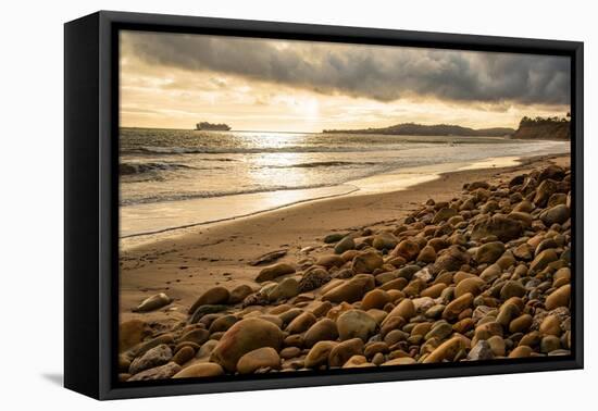 USA, California. Central Coast, Montecito, Butterfly Beach, drain and cobble eroded by King Tides-Alison Jones-Framed Premier Image Canvas