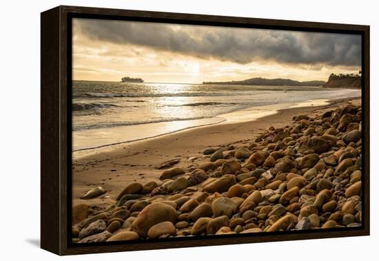 USA, California. Central Coast, Montecito, Butterfly Beach, drain and cobble eroded by King Tides-Alison Jones-Framed Premier Image Canvas