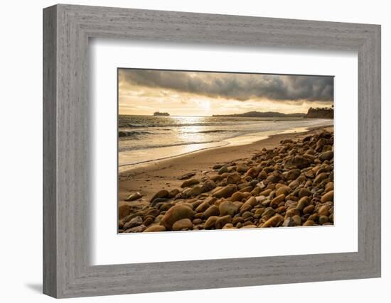 USA, California. Central Coast, Montecito, Butterfly Beach, drain and cobble eroded by King Tides-Alison Jones-Framed Photographic Print